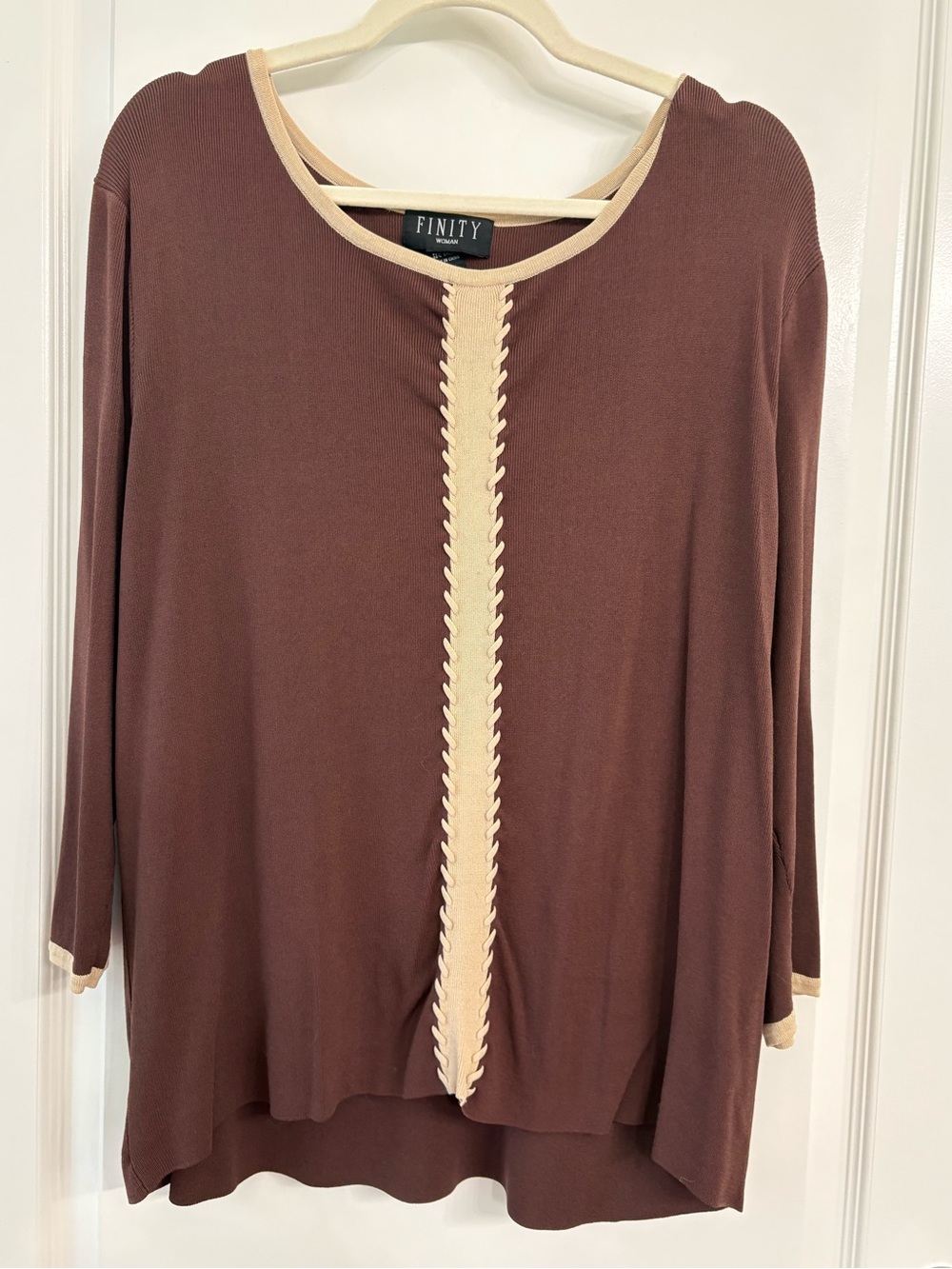 Finity Brown Long-Sleeve Crewneck Top with Cream Trim